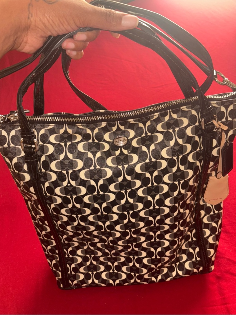 Coach Black and White Logo-Print Tote with Black Trim